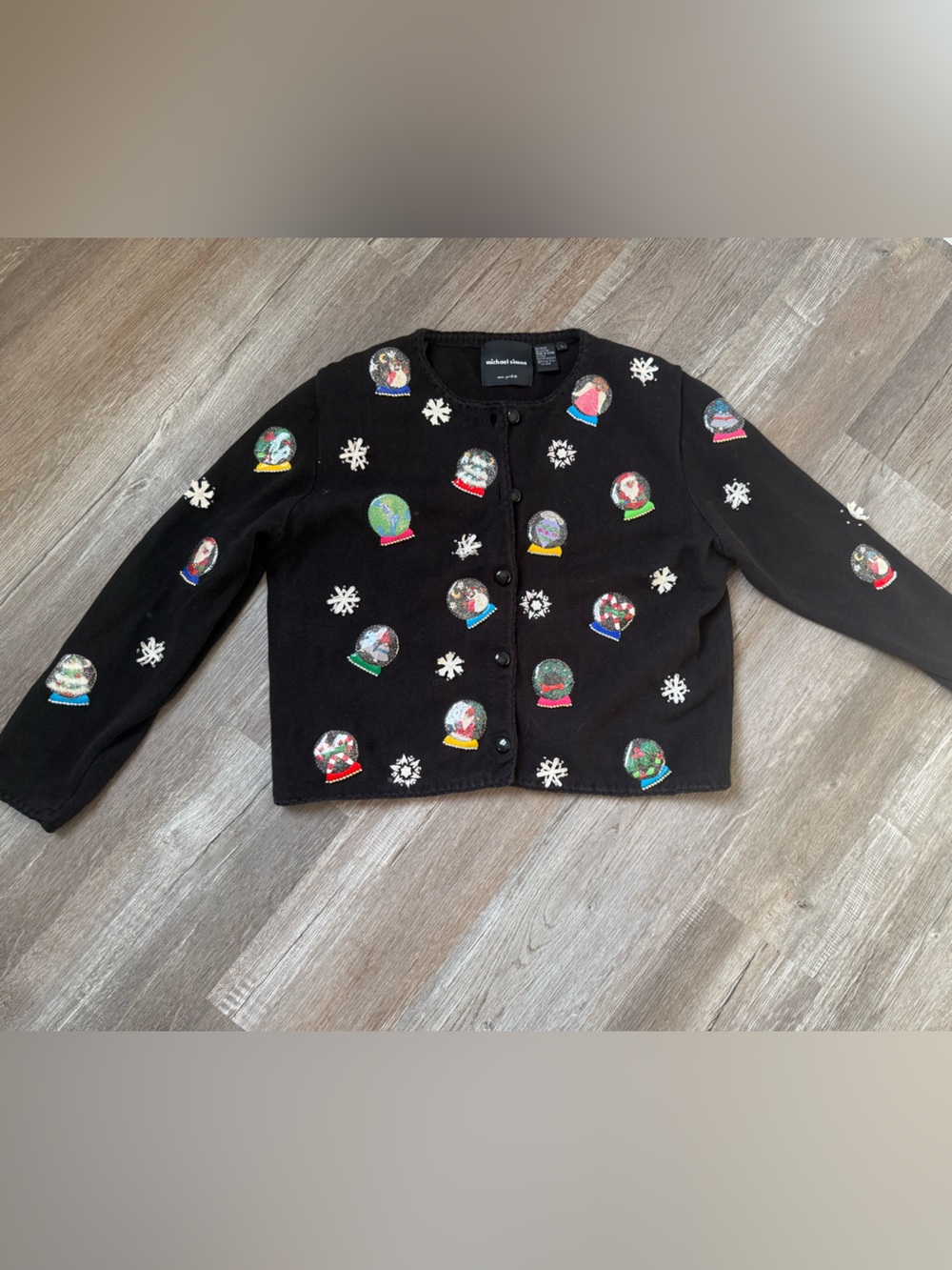RARE Vintage Michael Simon Christmas Snow Globe Sweater Cardigan Black Winter L